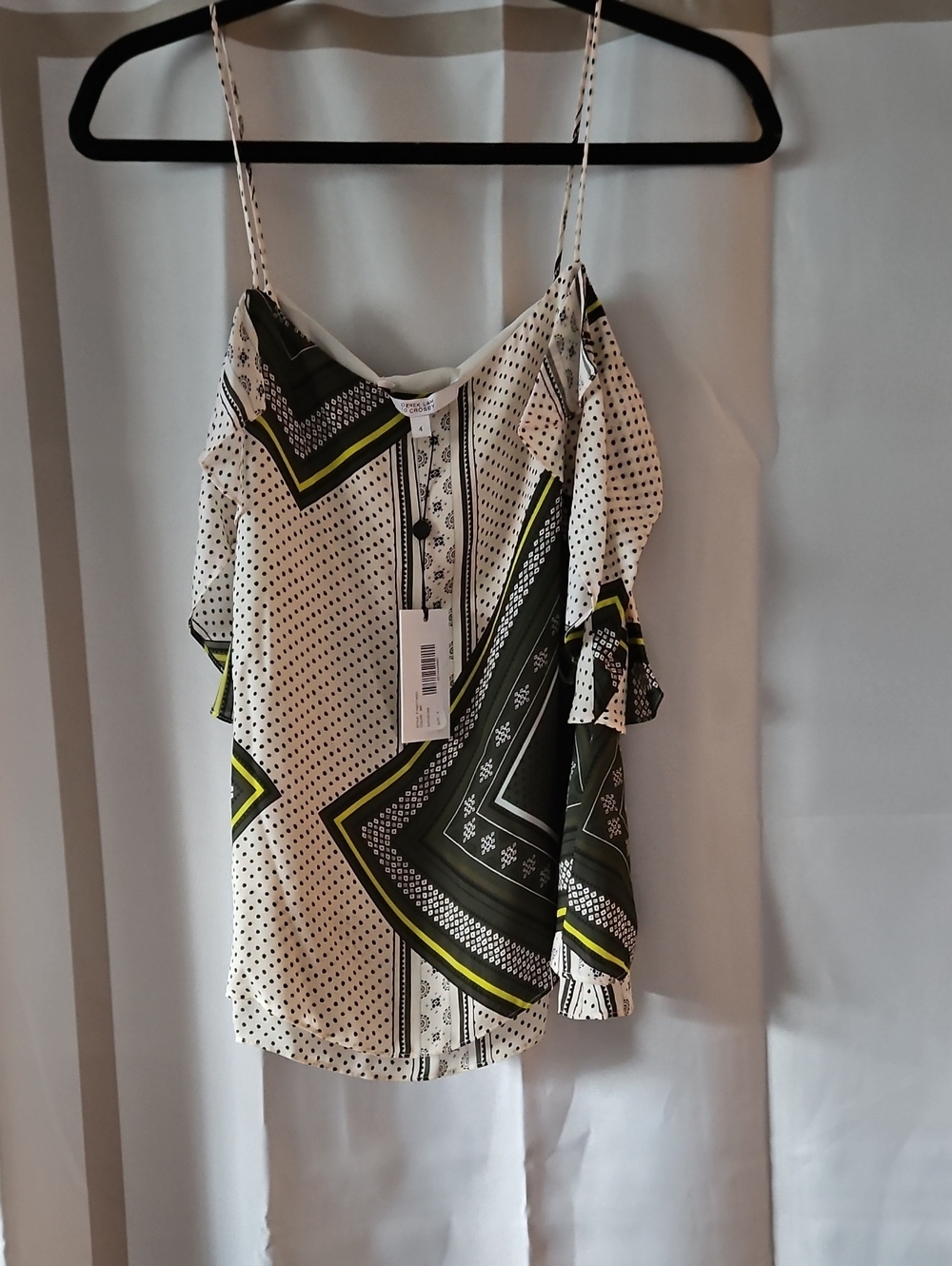 10 Crosby Derek Lam White, Black & Olive Green Printed Silk Camisole
